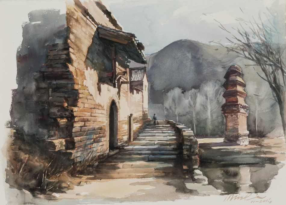 李民家乡风景水彩画作品