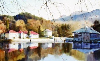 黄铁山乡村山水风景水彩画作品