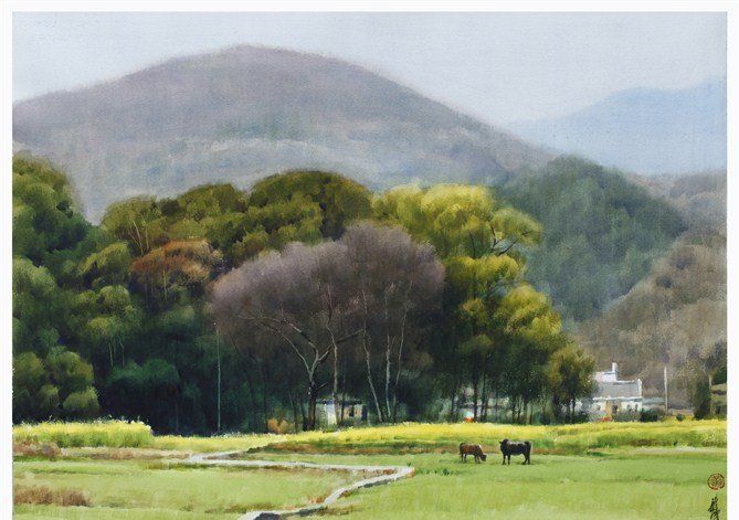 黄铁山乡村山水风景水彩画作品图片欣赏