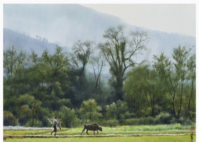 黄铁山乡村山水风景水彩画作品图片欣赏