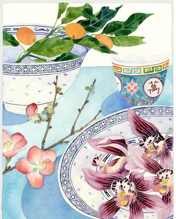 新西兰Mango Frooty青花瓷花卉水彩插画作品图片欣赏