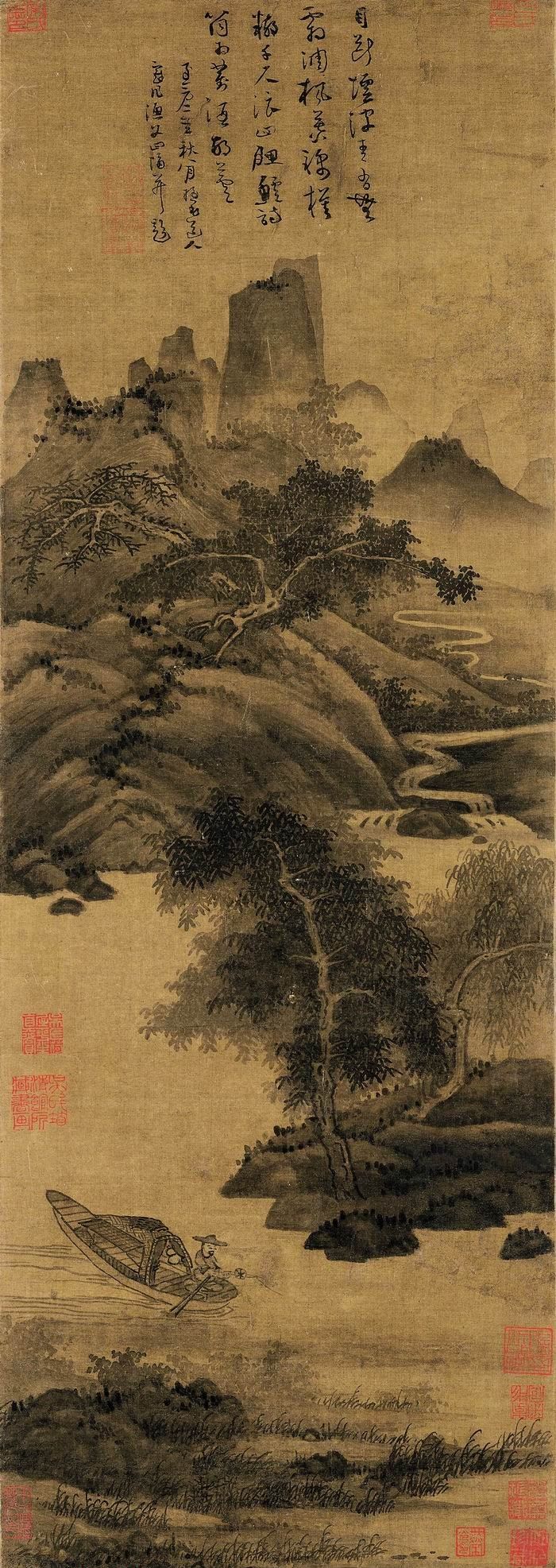 吴镇，《渔父图轴》，绢本墨笔，84.7cm×29.7cm，1336年，故宫博物院藏