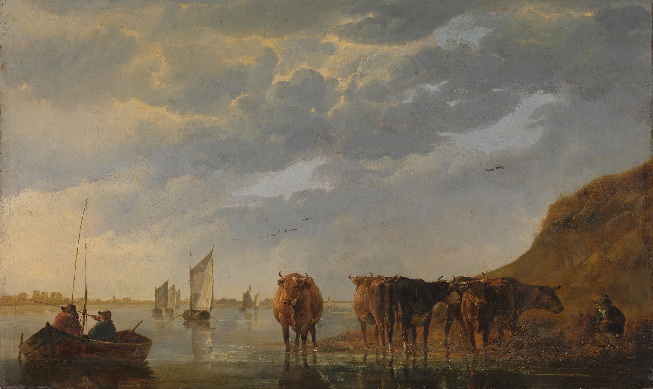 Aelbert Cuyp - A Herdsman with Five Cows by a River