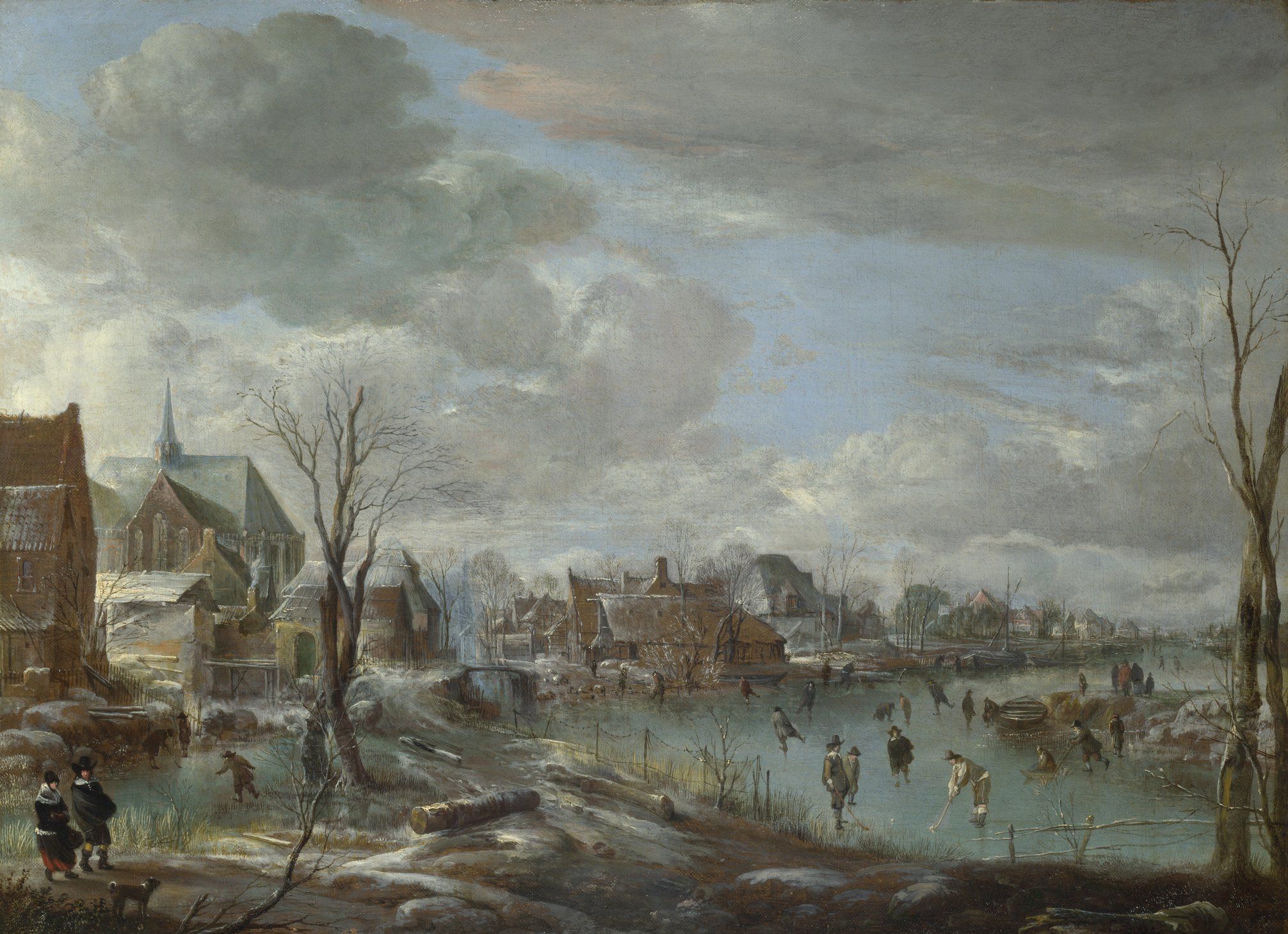 Aert van der Neer - A Frozen River near a Village, with Golfers and Skaters