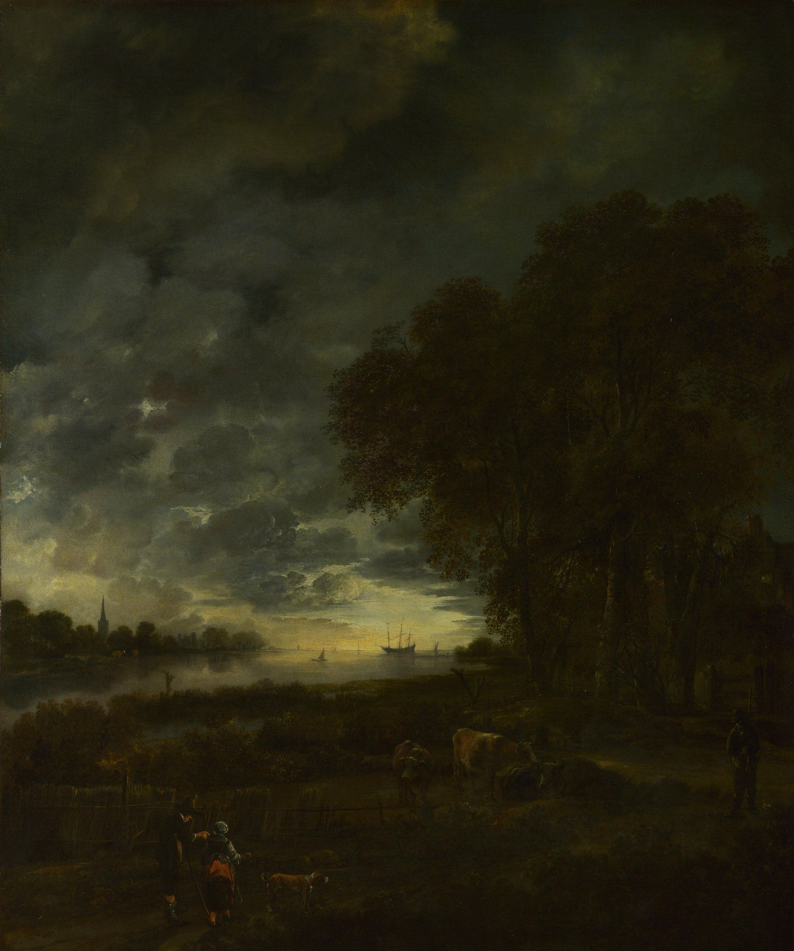 Aert van der Neer - A Landscape with a River at Evening