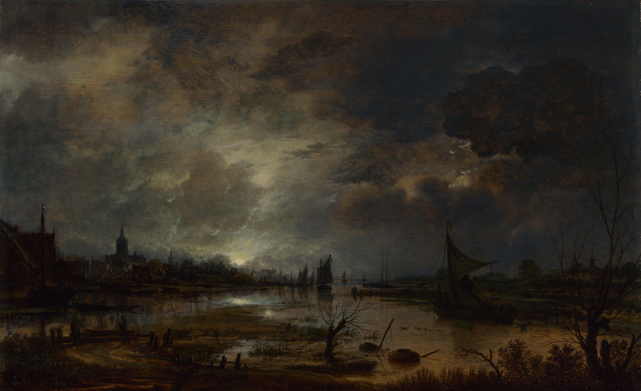 Aert van der Neer - A River near a Town, by Moonlight