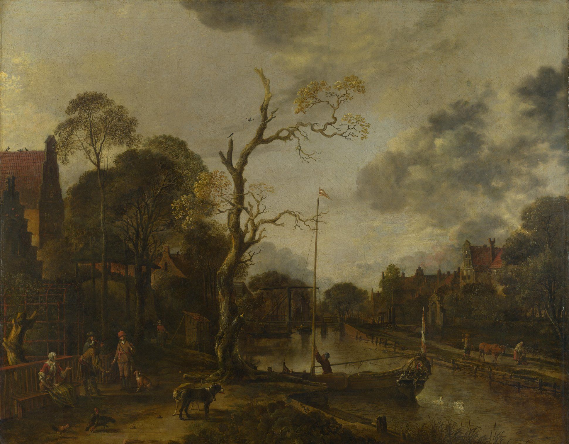 Aert van der Neer - A View along a River near a Village at Evening