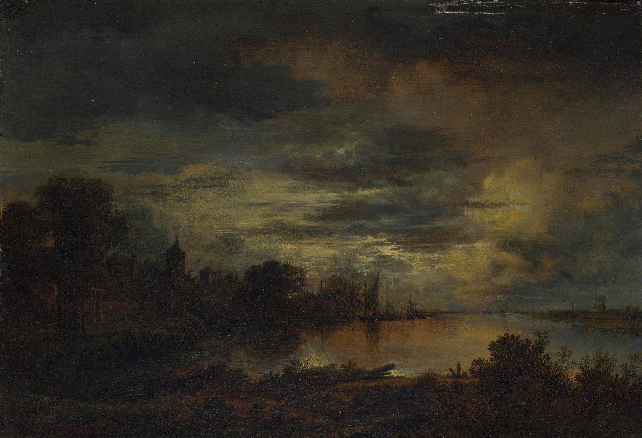 Aert van der Neer - A Village by a River in Moonlight