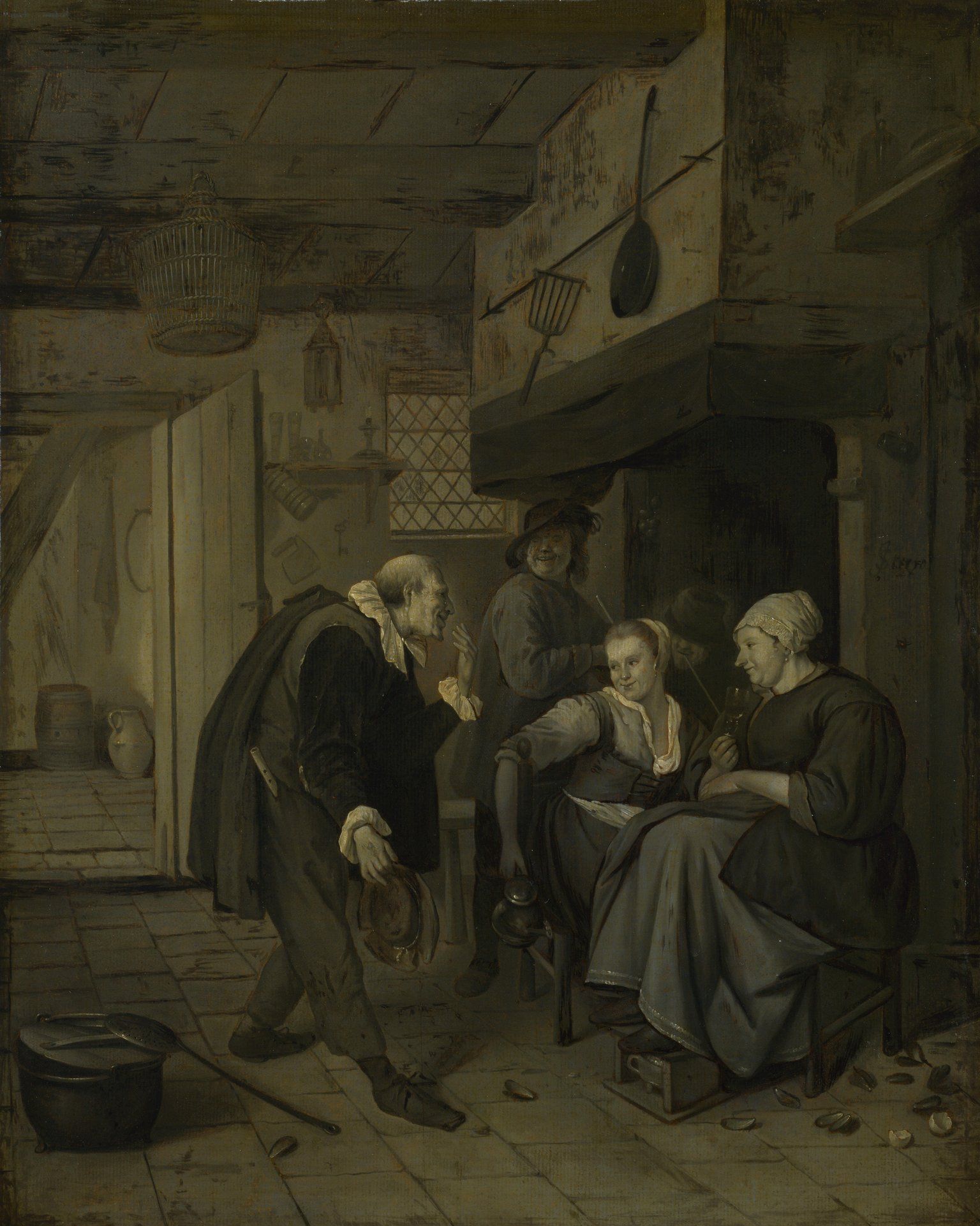 Jan Steen - An Itinerant Musician saluting Two Women in a Kitchen